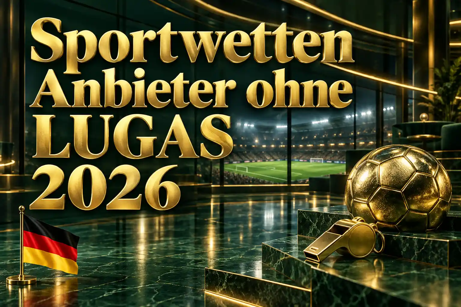 Sportwetten Anbieter ohne LUGAS 2026 – goldener Schriftzug mit Fußball und Schiedsrichterpfeife auf grünem Marmor vor einem beleuchteten Stadion mit deutscher Flagge