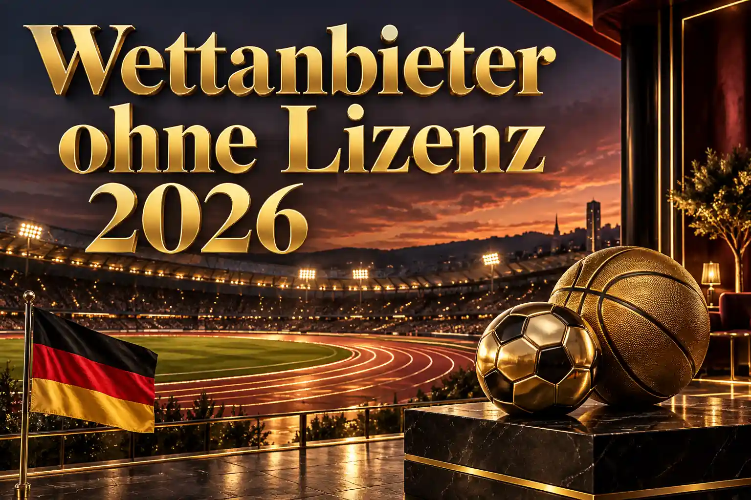 Wettanbieter ohne Lizenz 2026 – goldener Schriftzug mit Fußball und Basketball vor einem Leichtathletikstadion bei Sonnenuntergang und deutscher Flagge