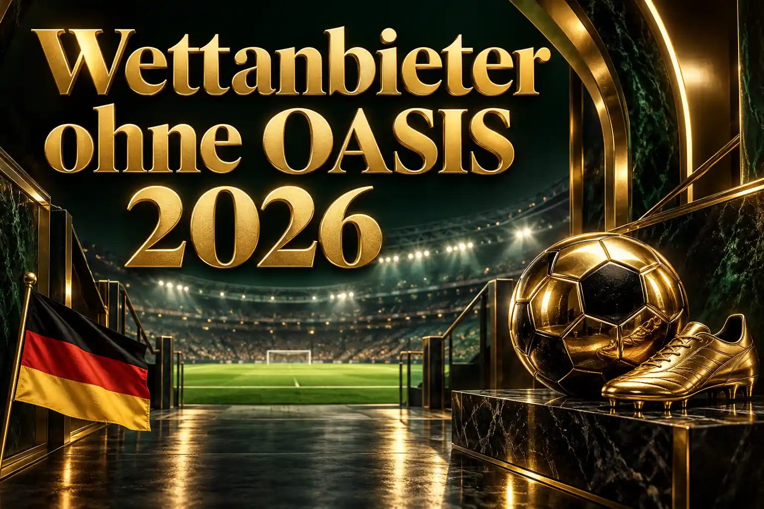 Wettanbieter ohne OASIS 2026 – goldener Schriftzug über einem Stadiontunnel mit goldenem Fußball, Fußballschuhen und deutscher Flagge